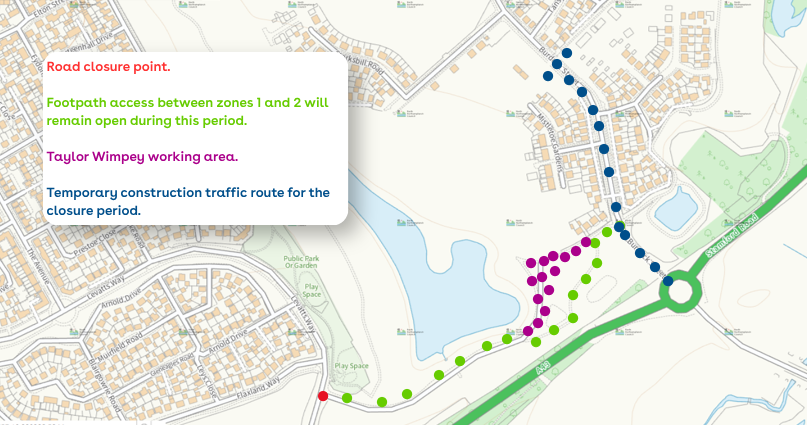 Road closure point. Footpath access between zones 1 and 2 will remain open during this period. TWC3 Ground workers fencingworking area. Temporary construction traffic route for the closure period.