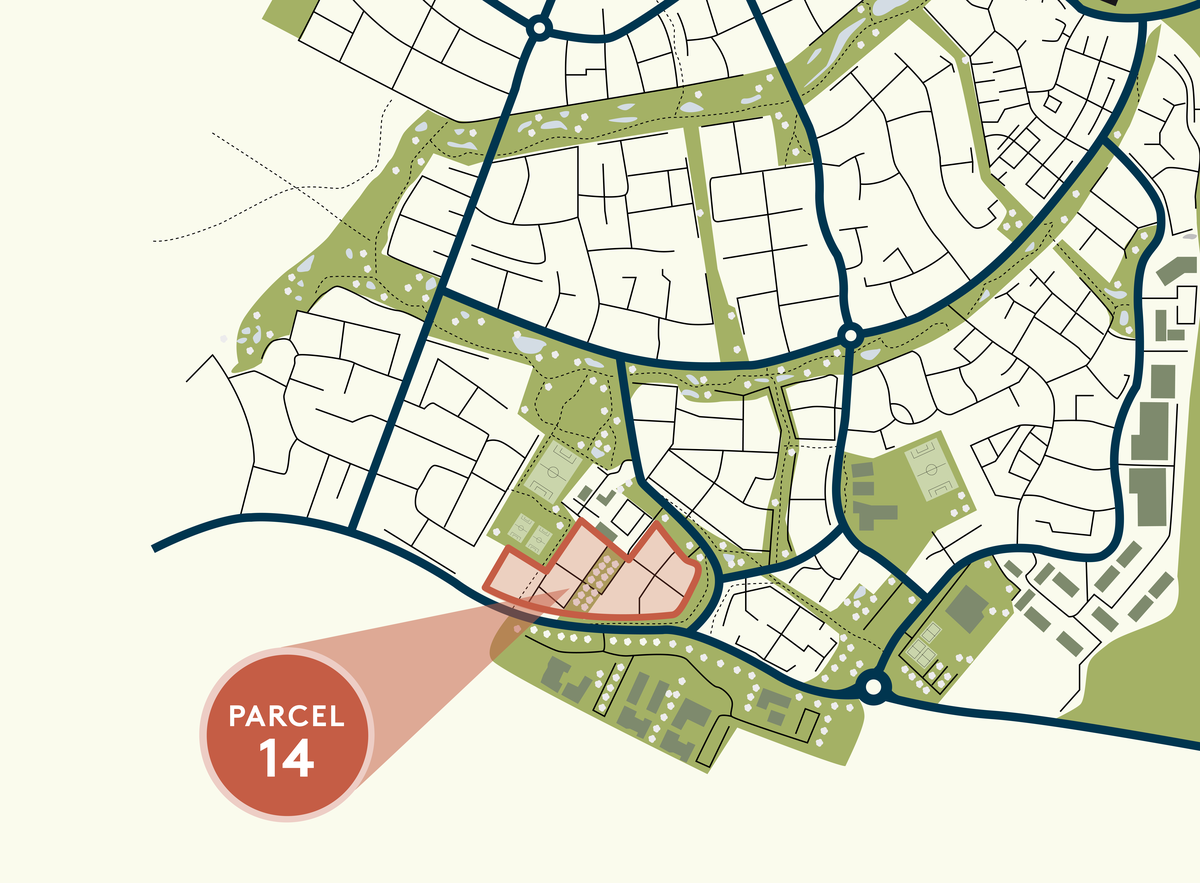 An outline of the Houlton masterplan, showing the location of parcel 14